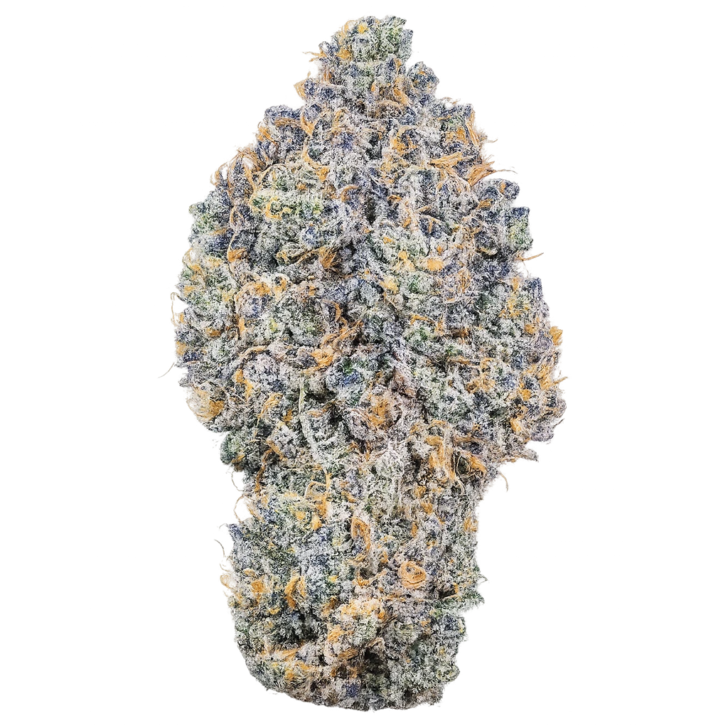 A27 Blue Nerds strain with frosty blue-purple buds, sweet candy aroma, berry dessert terps, and dense trichome coverage.