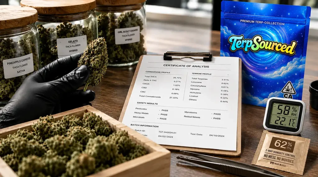 Dispensary-grade THCA flower with frosty trichomes and dense buds for retail buyers