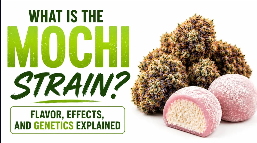 Mochi strain cannabis flower showcasing colorful purple buds, frosty trichomes, and sweet dessert-like terpene profile.