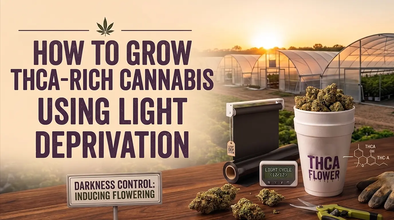 THCA-rich cannabis plants growing in a light deprivation greenhouse during the flowering stage