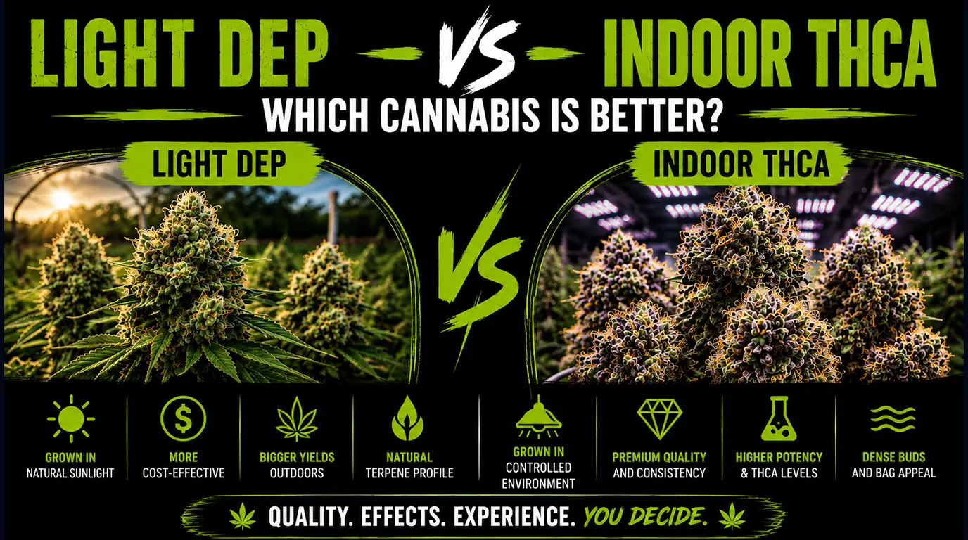 Light deprivation vs indoor THCa cannabis flower comparison showing differences in cultivation methods, potency, terpene profile, and overall quality.