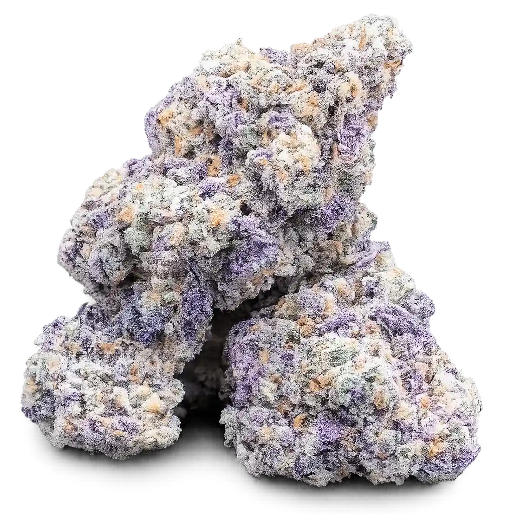 Blue Zuchi strain with frosty blue-purple buds, sweet candy aroma, creamy dessert flavors, and dense trichome coverage.