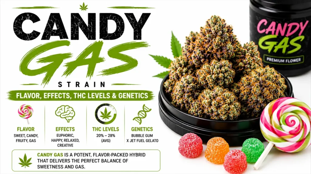 Candy Gas cannabis strain flower showcasing sweet gassy aroma, dense frosty buds, and high THC content