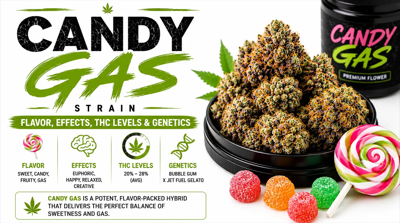 Candy Gas cannabis strain flower showcasing sweet gassy aroma, dense frosty buds, and high THC content